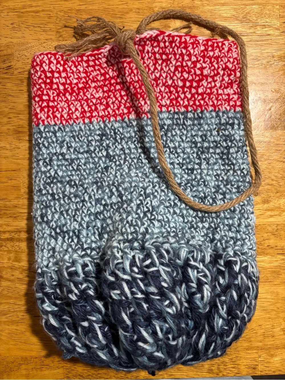 Hand-Crocheted Bucket Bag in Red & Light Blue & Dark Blue